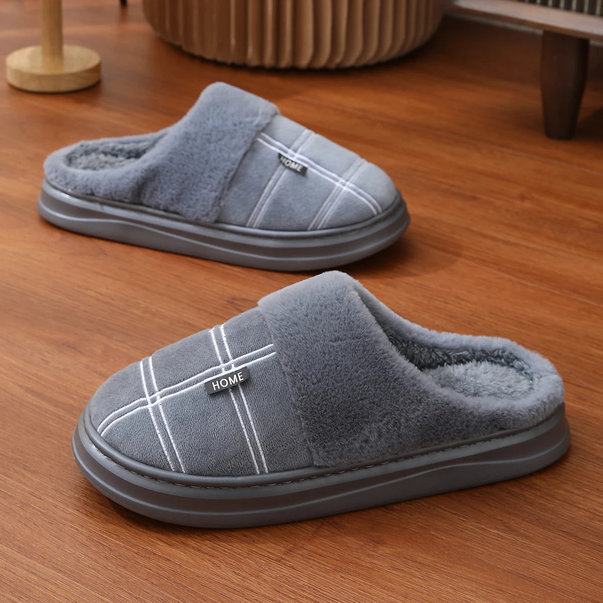Fashion Men Home Slippers Warm Soft Non-Slip Slippers Black Large Size 40-51 Plaid Memory Foam Winter Plush Male Indoor Shoes