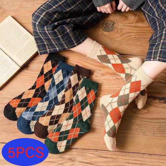 5Pairs Mens Happy Colorful Striped Socks Quality Plaid Diamond Pattern Argyle Geometric Harajuku Combed Cotton Medium Tube Sock