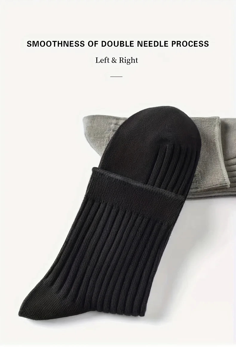 6 Pairs of Men's Pure Color Vertical Pattern Mid-Calf Socks, Versatile Black Socks for Business All Seasons, Breathable