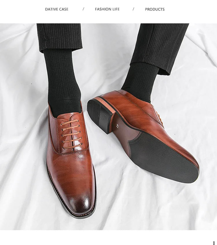 Gentleman's Leather Shoes with Rubber Sole Men's Formal Shoes Low Top Sharp Toe Leather Patchwork Business Shoes for Adults