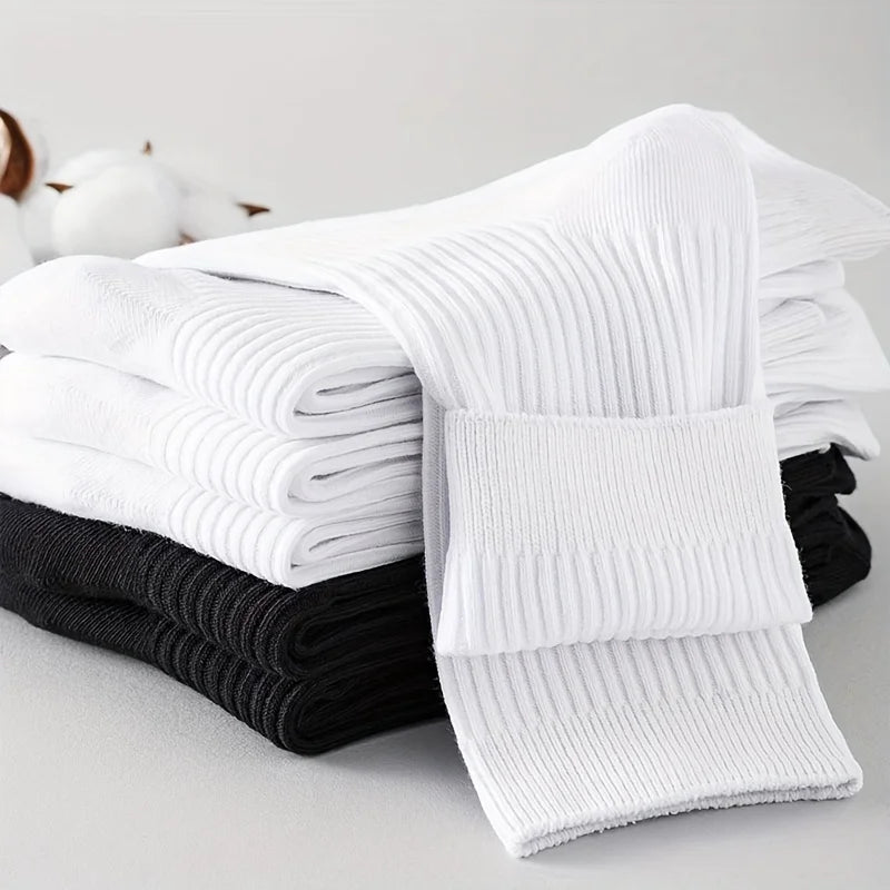 6 Pairs of Men's Pure Color Vertical Pattern Mid-Calf Socks, Versatile Black Socks for Business All Seasons, Breathable