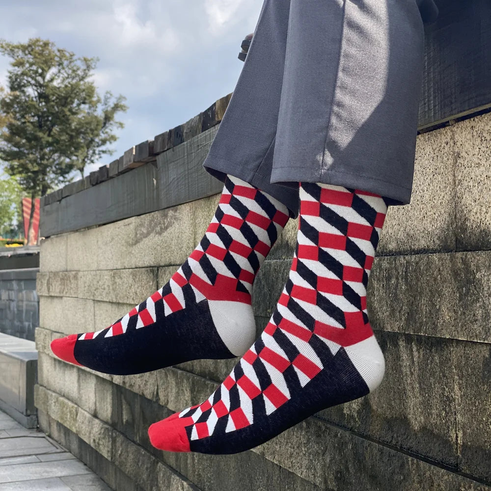 5 Pairs Men's Color Dress Casual Fashion Happy Socks Combed Cotton Autumn Winter Plus Size Socks Men Gifts