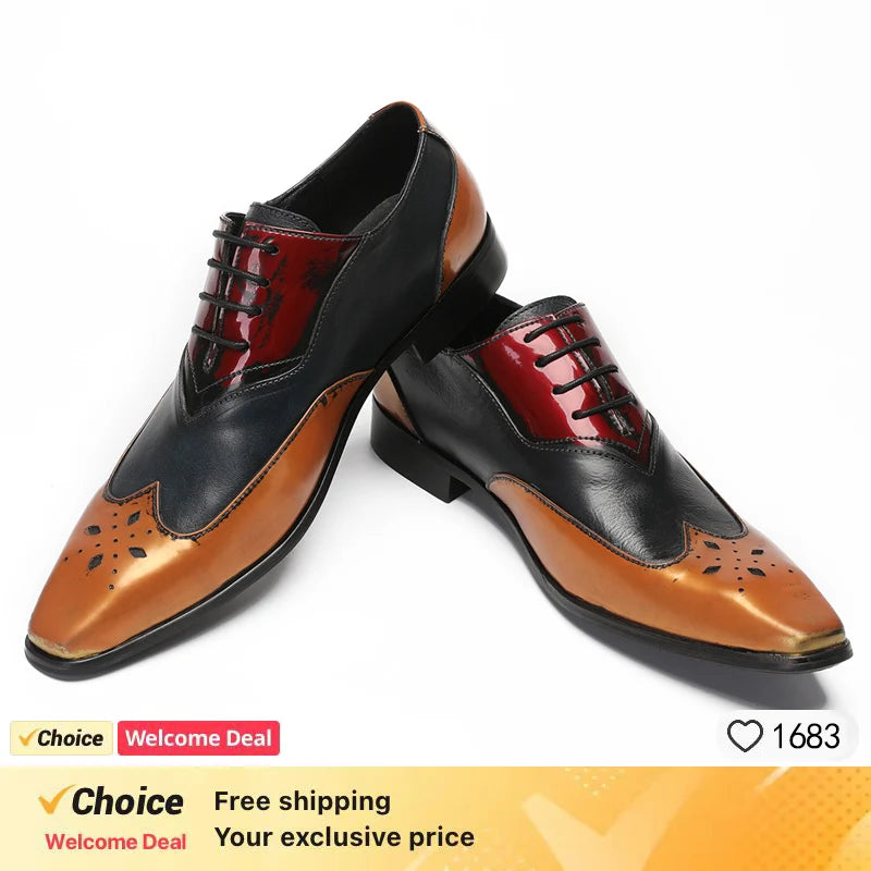 Men's Genuine Leather Fashion Graffiti Designer Flats Metal Pointed Toe Party Dressing Shoes plus Size
