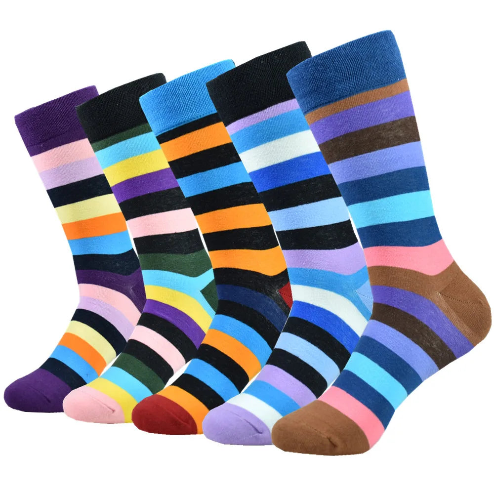 5 Pairs Men's Color Dress Casual Fashion Happy Socks Combed Cotton Autumn Winter Plus Size Socks Men Gifts
