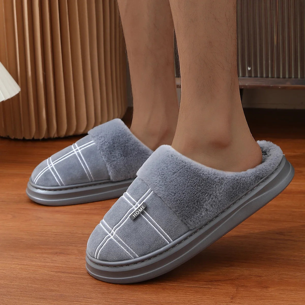 Fashion Men Home Slippers Warm Soft Non-Slip Slippers Black Large Size 40-51 Plaid Memory Foam Winter Plush Male Indoor Shoes