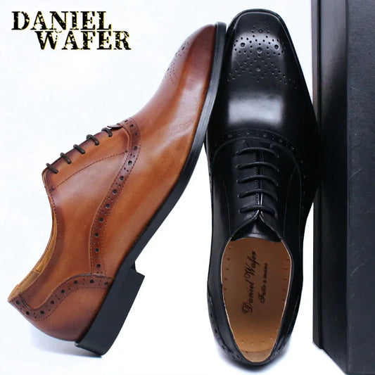 Men's Genuine Leather Oxford Shoes Brown & Black High-Quality Snake Print Lace-Up Business Dress Suit Wedding Shoes