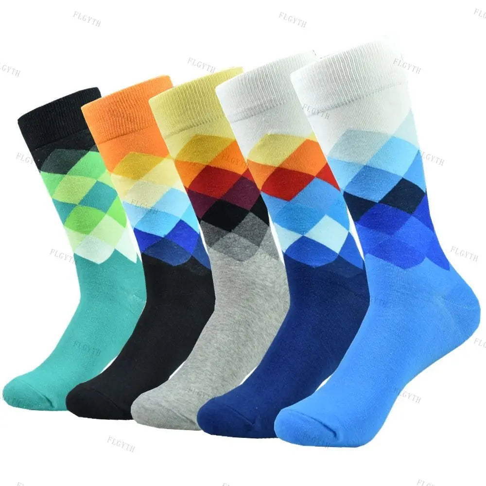 5 Pairs Men's Color Dress Casual Fashion Happy Socks Combed Cotton Autumn Winter Plus Size Socks Men Gifts
