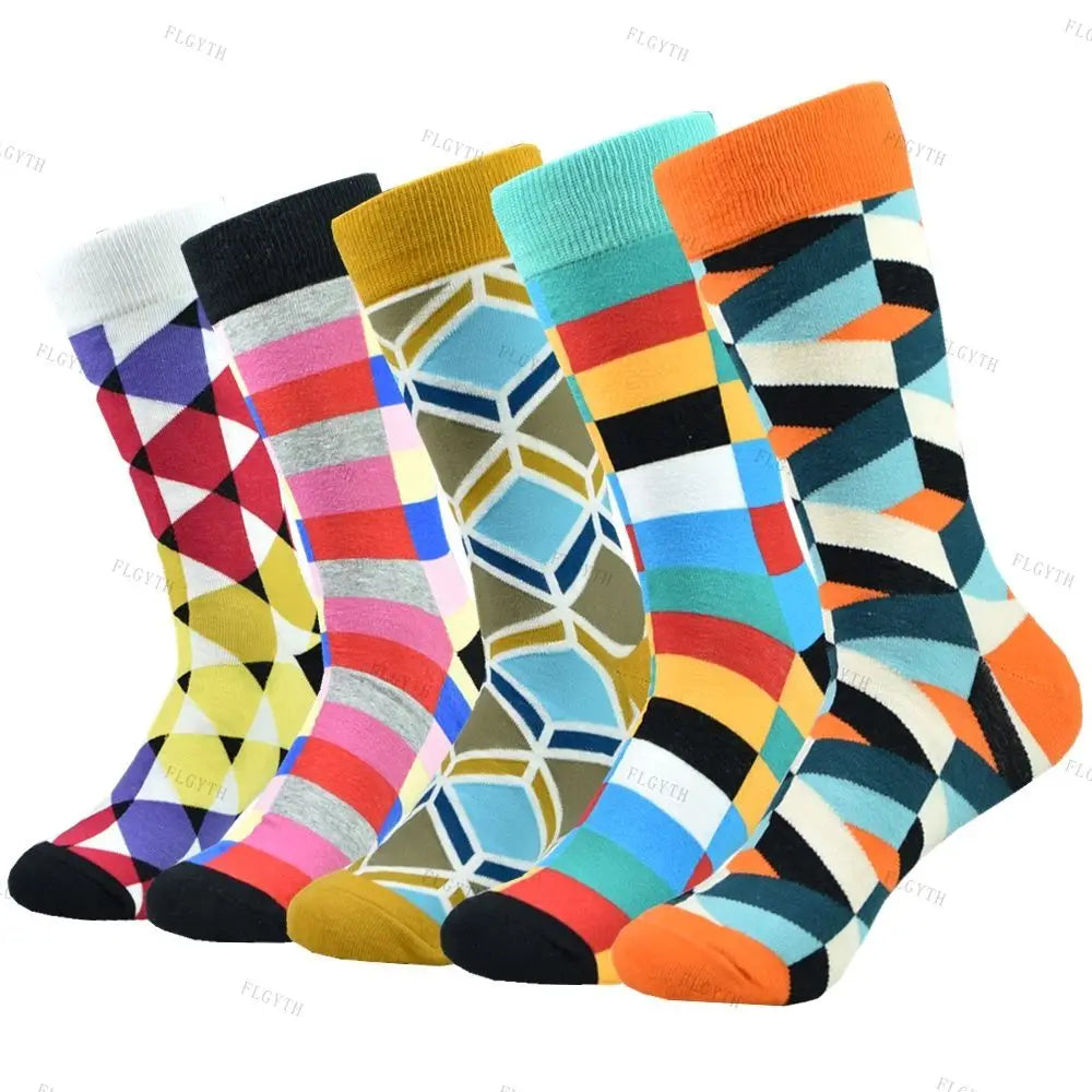 5 Pairs Men's Color Dress Casual Fashion Happy Socks Combed Cotton Autumn Winter Plus Size Socks Men Gifts