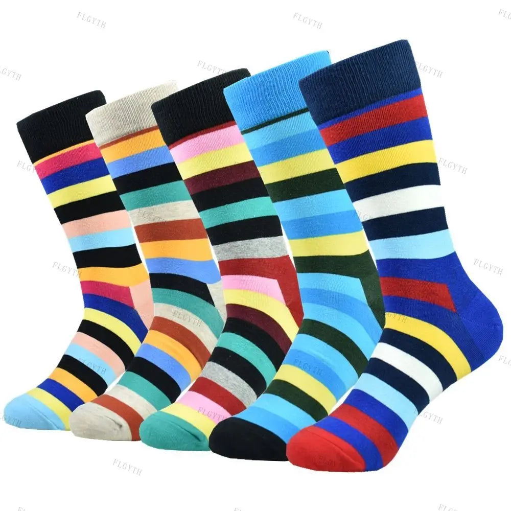 5 Pairs Men's Color Dress Casual Fashion Happy Socks Combed Cotton Autumn Winter Plus Size Socks Men Gifts