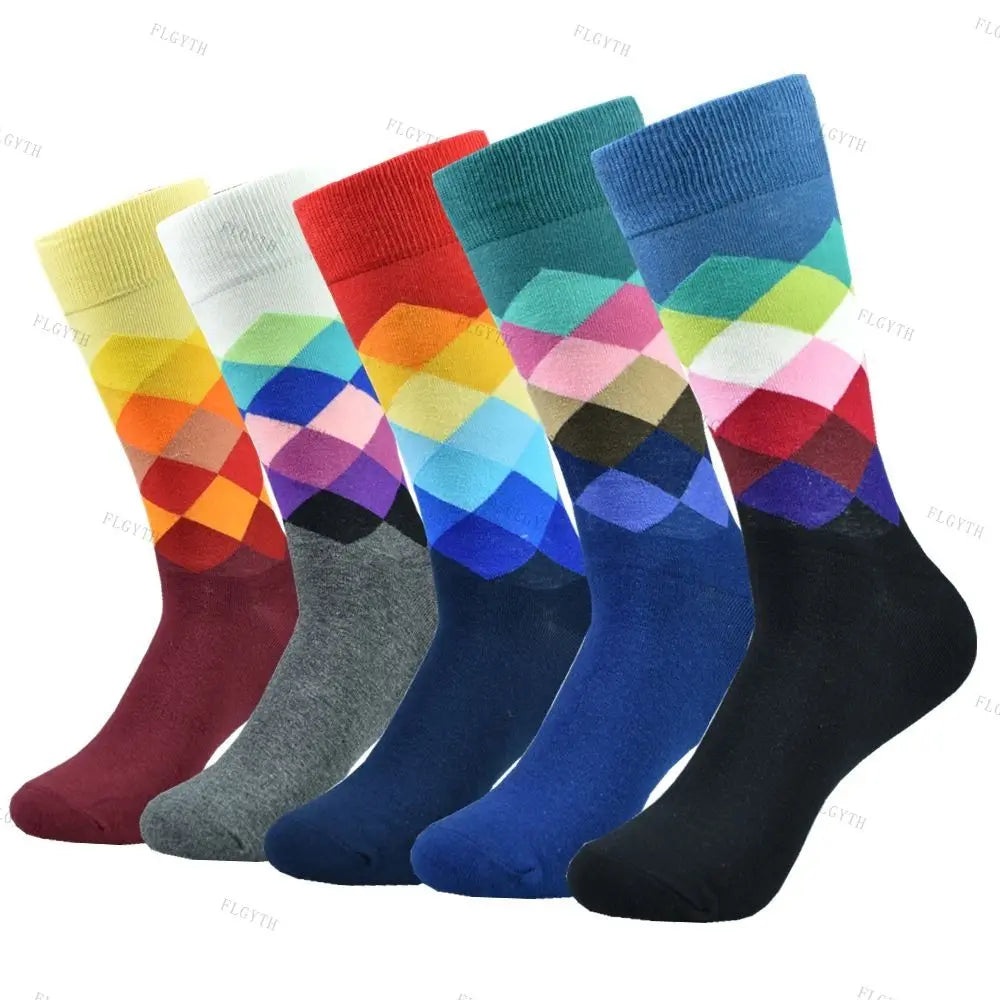 5 Pairs Men's Color Dress Casual Fashion Happy Socks Combed Cotton Autumn Winter Plus Size Socks Men Gifts
