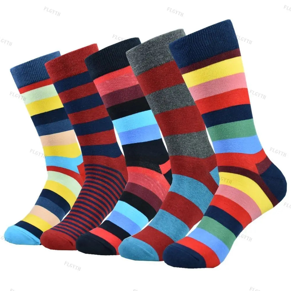 5 Pairs Men's Color Dress Casual Fashion Happy Socks Combed Cotton Autumn Winter Plus Size Socks Men Gifts
