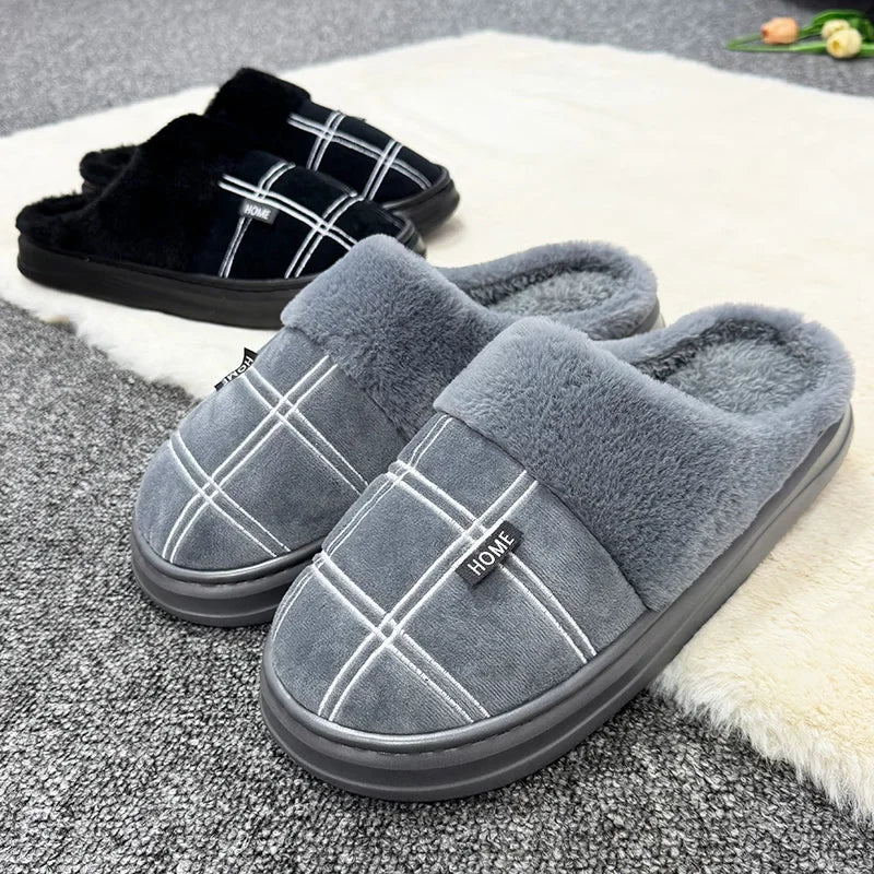 Fashion Men Home Slippers Warm Soft Non-Slip Slippers Black Large Size 40-51 Plaid Memory Foam Winter Plush Male Indoor Shoes